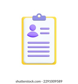 3d vector web template for summery  office document on clipboard or identification badge, plastic id card, personal resume document with photo or avatar symbol design.