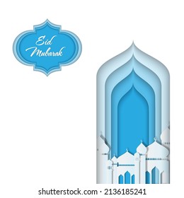 3D vector white and blue paper mosque. eid greeting card with arabic origami mosque, lantern. Eid Al-Fitr. Eid celebration vector background