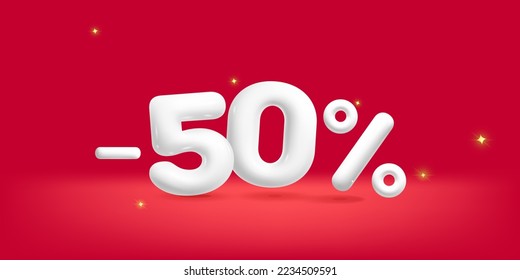 3d vector  white cartoon render number minus 50 percent sale discount symbol design illustration. Advertisement and promo decoration mockup.