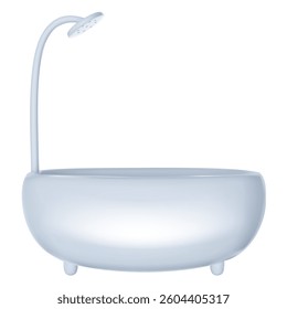 3d vector white ceramic bath with shower in realistic style. Element design for bathroom. Modern illustration.