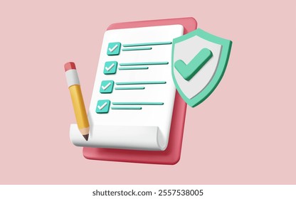 3d vector of White clipboard Insurance policy concept. Assurance protection, policy Guarantee business, business Insurance, Insurance life, Health insurance, Finance, check board and shield. Eps 10