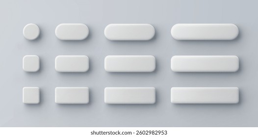 3d vector white plastic rounded rectangle button on gray background. Realistic minimal icon with shadow.