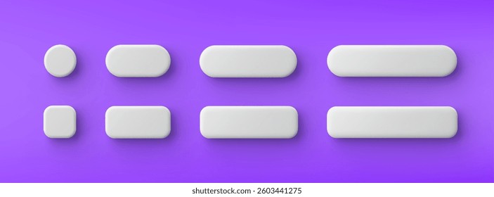3d vector white plastic rounded rectangle button on purple background. Realistic minimal icon with shadow.