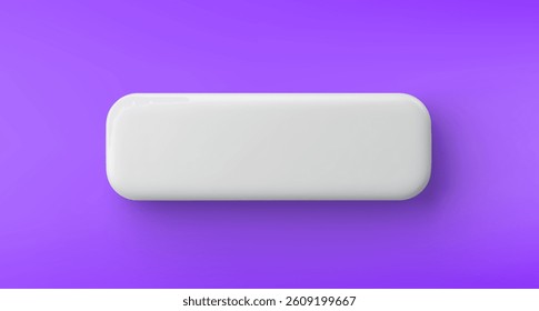 3d vector white plastic rounded rectangular button on purple background. Realistic minimal icon with shadow.