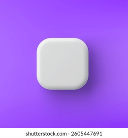 3d vector white plastic square button on purple background. Realistic minimal icon with shadow.