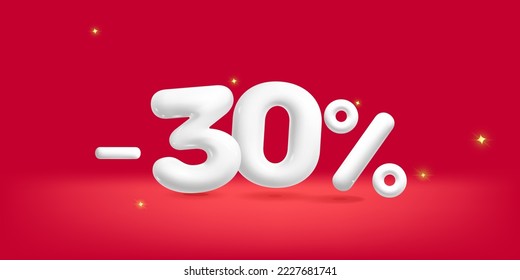 3d vector  white realistic render minus 30 percent sale discount symbol  design illustration. Realist plastic render advertisement and promo decoration element.