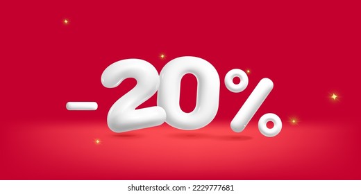 3d vector white realistic render minus 20 percent sale discount symbol design illustration. Realist plastic render advertisement and promo decoration element.