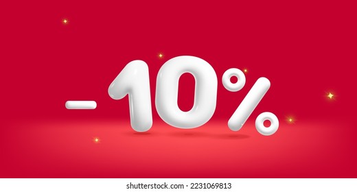 3d vector white realistic render minus 10 percent sale discount symbol design illustration. Realistic plastic render advertisement and promo decoration element.