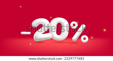 3d vector white realistic render minus 20 percent sale discount symbol design illustration. Realist plastic render advertisement and promo decoration element.