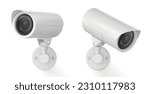 3d vector white safety security video spy camera. Cctv system equipment illustration for watch and recording hidden on street building wall. Realistic header concept for protect and observe privacy
