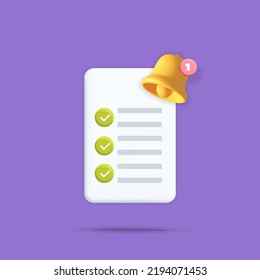 3d Vector White Task Management To Do List With Green Check Mark And Reminder Bell Notification Icon Design.  Project Plan, Assignment, Exam Paper Blank Concept Illustration.