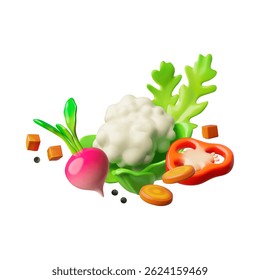 Vetor 3D vegetais inteiros e fatiados, couve-flor, rabanete, pedaço de pimenta, marcação em cubos, salsa. Vegetarianismo. Ingredientes alimentares saudáveis. Colheita agrícola. Plano de fundo isolado.
