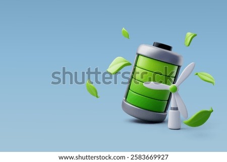 3d Vector Wind turbine and battery storage, Ecology, Green and Clean energy concept. Eps 10 Vector.