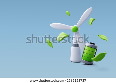 3D vector of a wind turbine and green battery with floating leaves, symbolizing clean energy, sustainability, and eco-friendly power solutions.. Eps 10 Vector.