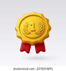 3d Vector Winner golden medal with red ribbon, Premium Quality guarantee label, Victory game champion badge. Eps 10 Vector.