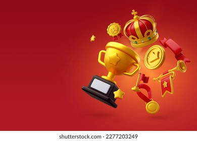 3 d Premio de oro del ganador del Vector y premio con icono de cinta roja, etiqueta de garantía de calidad premium, campeón de juego de Victoria. Vector Eps 10.