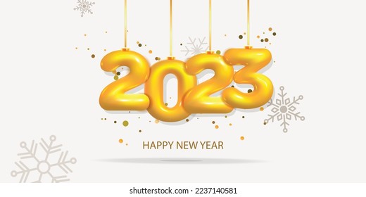 3d vector winter holiday Happy New Year gold number 2023  banner template design. Warm grey color flying snowflake web border ornament.