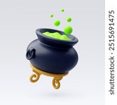 3d Vector Witch cauldron with green potion, Happy halloween festival concept. Eps 10 Vector.