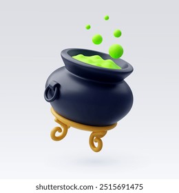 3d Vector Witch cauldron with green potion, Happy halloween festival concept. Eps 10 Vector.