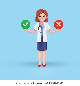 3D vector of Woman Doctor standing confusedly to choose yes or no. Concept of choice, selection, answer, reply, accept of refuse. Doubts, worries.