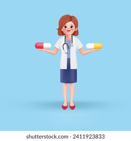 3D vector of Woman Doctor standing with big pill capsule. 3d vector people character