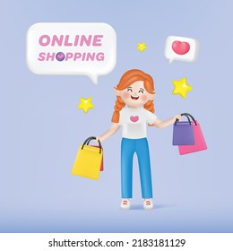 3d vector woman shopping and holding many bags. 3d vector cartoon people design.