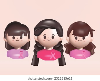 3d vector women character with a pink ribbon in the breast cancer awareness month campaign. Strong and fight together concept.