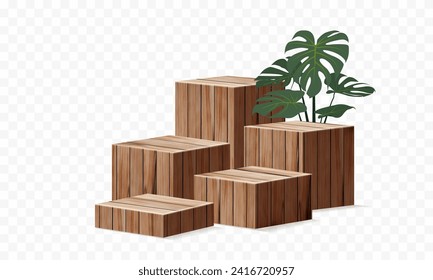 3D Vector wood pedestals podium, Abstract geometric empty stages wooden exhibit displays award ceremony product presentation