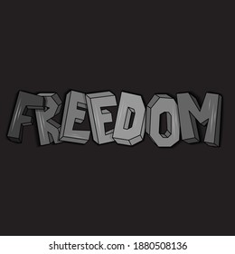 3D vector word freedom with grey unique dancing letters with highlights and shadows on the black background