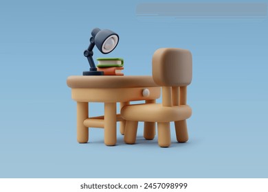 3d Vector Work desk with books and lamp, Home furniture concept. Eps 10 Vector.