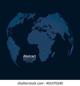 3d vector world map globe planet, lines, global radial halftone concept