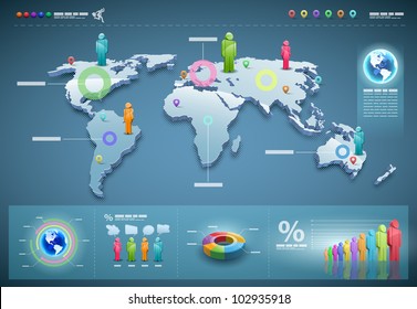 3d vector world map illustration and infographics design template.