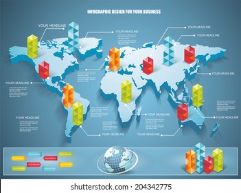 3d vector world map illustration with modern elements of info graphics.