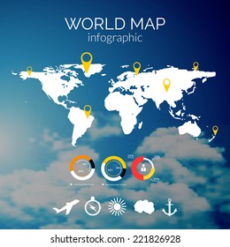 3d vector world map illustration and infographics design template on cloudy sky background