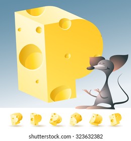 3D vector yellow cheese alphabet with funny mouse. All symbols in set have 6 random points of view. Letter P