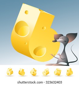 3D vector yellow cheese alphabet with funny mouse. All symbols in set have 6 random points of view. Number 6