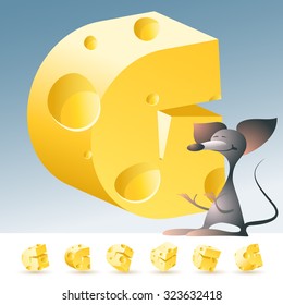 3D vector yellow cheese alphabet with funny mouse. All symbols in set have 6 random points of view. Letter G