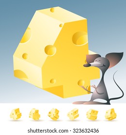 3D vector yellow cheese alphabet with funny mouse. All symbols in set have 6 random points of view. Number 4