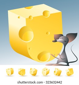Alfabeto de queso vectorial 3D amarillo con ratón gracioso. Todos los símbolos en juego tienen 6 puntos de vista aleatorios. Letra U