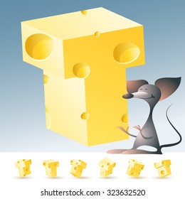 3D vector yellow cheese alphabet with funny mouse. All symbols in set have 6 random points of view. Letter T
