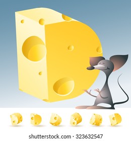 3D vector yellow cheese alphabet with funny mouse. All symbols in set have 6 random points of view. Letter D