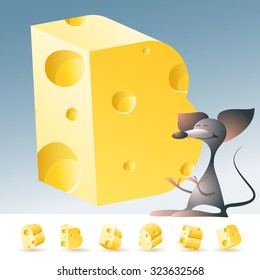 3D vector yellow cheese alphabet with funny mouse. All symbols in set have 6 random points of view. Letter B
