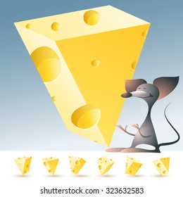 3D vector yellow cheese alphabet with funny mouse. All symbols in set have 6 random points of view. Letter V