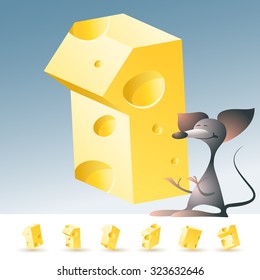 Alfabeto de queso vectorial 3D amarillo con ratón gracioso. Todos los símbolos en juego tienen 6 puntos de vista aleatorios. Número 1