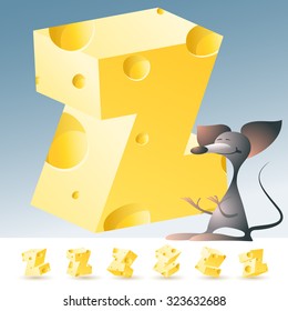 3D vector yellow cheese alphabet with funny mouse. All symbols in set have 6 random points of view. Letter Z
