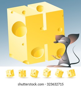 3D vector yellow cheese alphabet with funny mouse. All symbols in set have 6 random points of view. Letter H