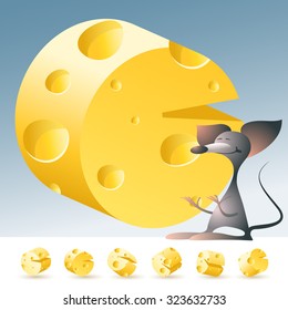 3D vector yellow cheese alphabet with funny mouse. All symbols in set have 6 random points of view. Letter C