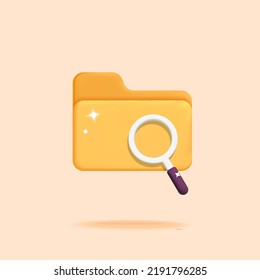 3d vector yellow file folder with search glass icon design concept. File storage and document data management idea illustration. searching for file, document, information online and on pc.