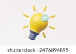 3D vector Yellow light bulb with Green correct mark verify isolated on pastel background. startup icreativity idea technology innovation vision combine investment concept. 3d render illustration