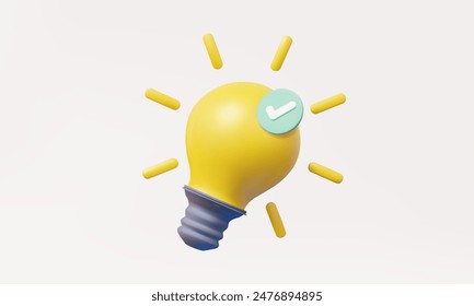 3D vector Yellow light bulb with Green correct mark verify isolated on pastel background. startup icreativity idea technology innovation vision combine investment concept. 3d render illustration